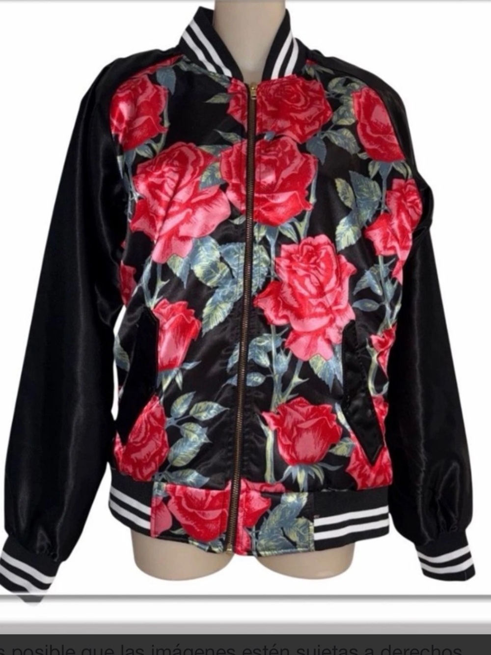 CHRLDR Black Satin Bomber Jacket with Red Rose Print